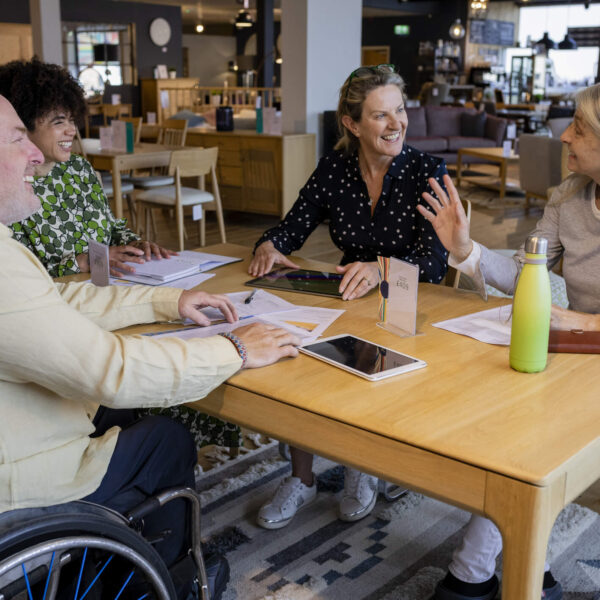 Team members with client discussing new work