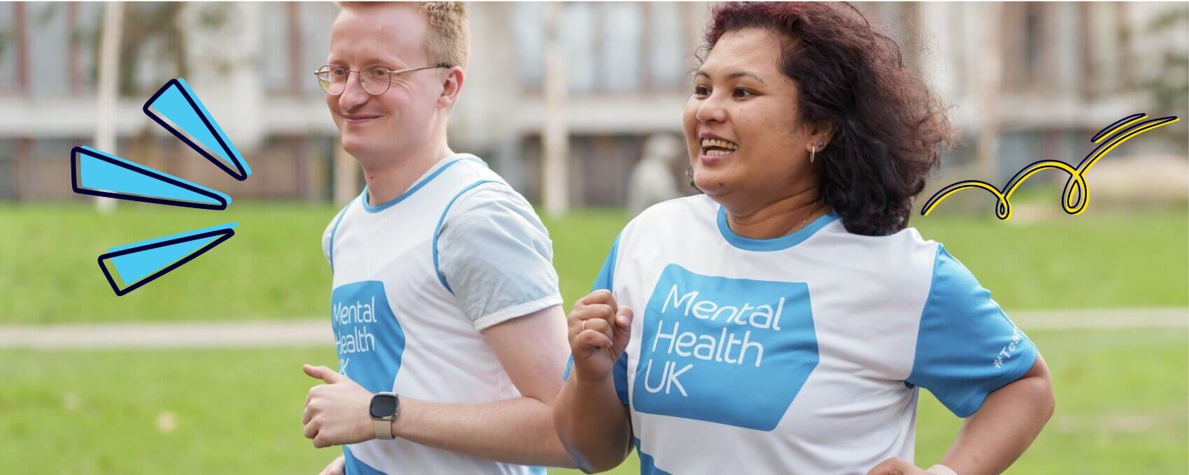 Two people jogging in MHUK T-shirts