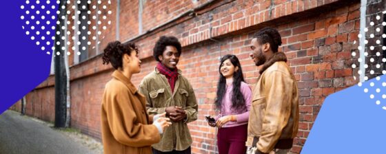 Group of diverse people talking outside