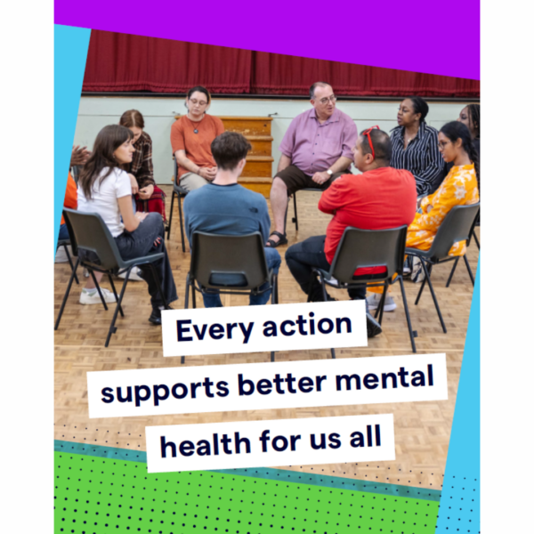 Support for better mental health for all large group of people talking in workshop
