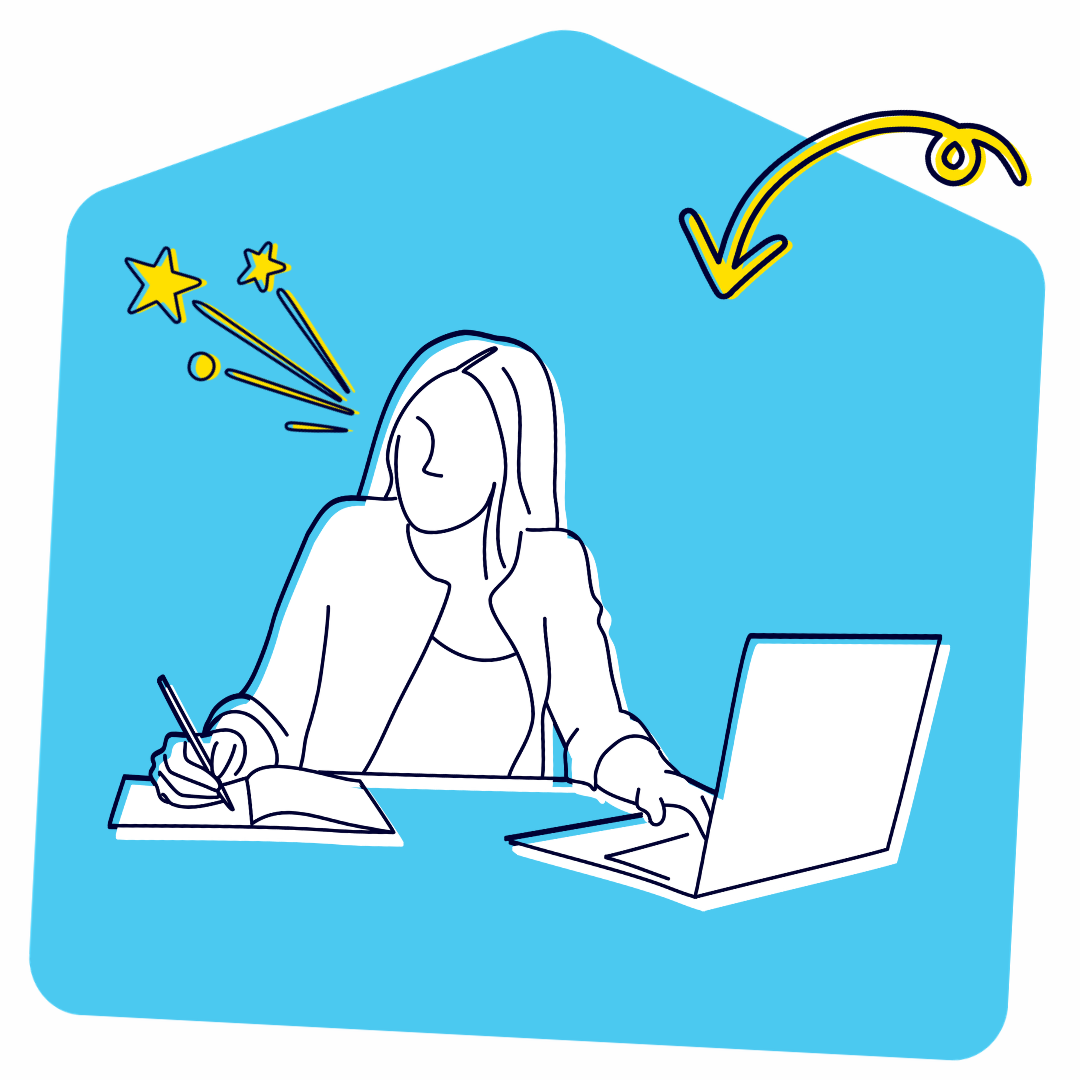 Woman writing and looking at laptop illustration